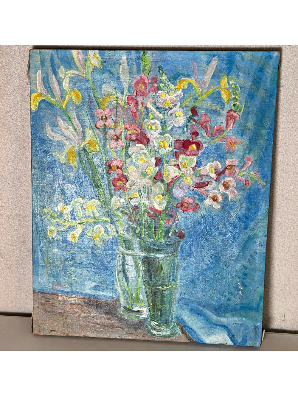 Vintage Original Floral Still Life Vase Painting on Canvas Unframed 20x16 in